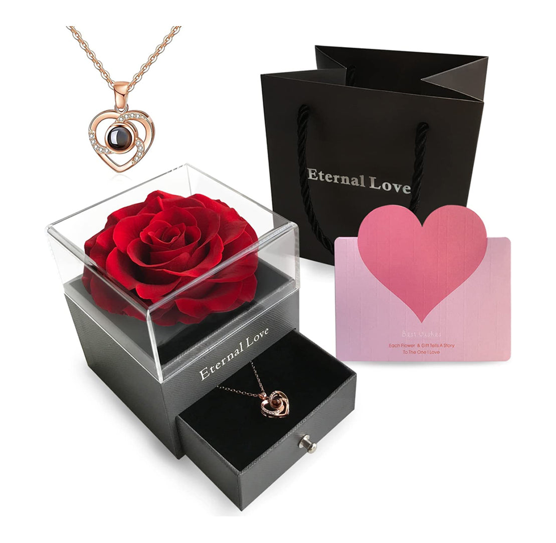 Coffret Cadeau Rose Éternelle et Collier – L’Essence de l’Amour Infini.