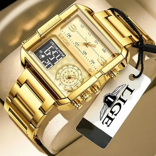 LIGE Men's Luxury Sports Watch - Dual Display Elegance and Aquatic Resistance Gold